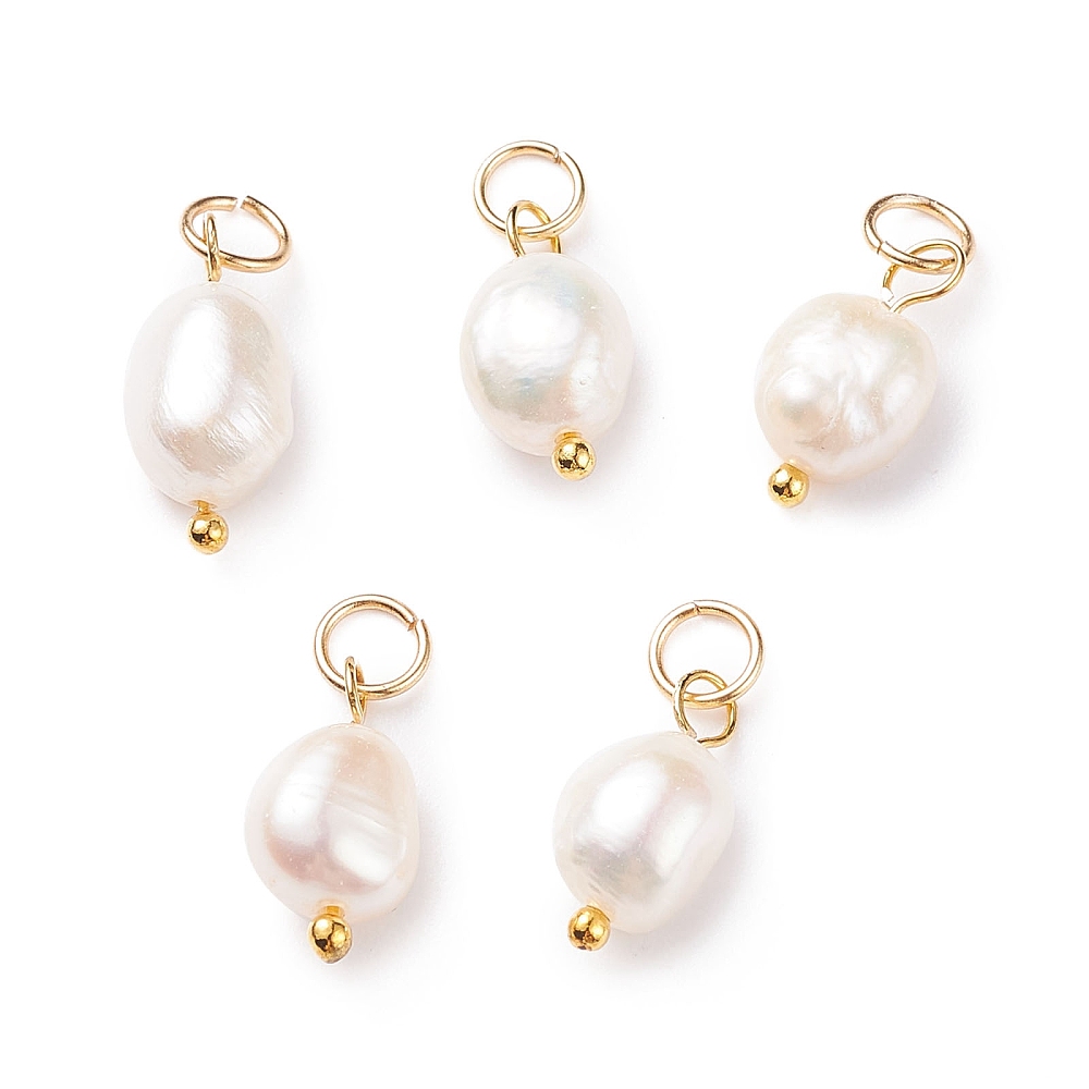 [PALLOY-JF01497-01] Pendentif Perle d'eau douce, avec INOX doré, grade B, 14x6mm, trou 3,6mm, l'unité