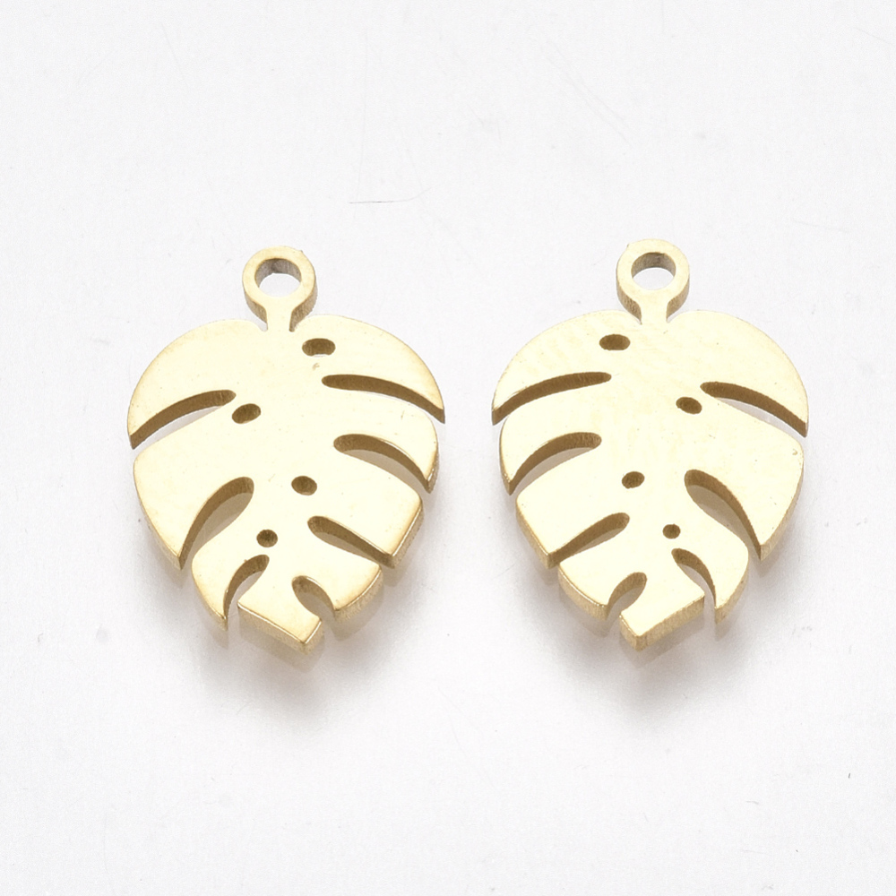 Pendentif INOX doré, placage ionique, plaqué or 18k, feuille de monstera, 13x9x1mm, trou 1mm, l'unité