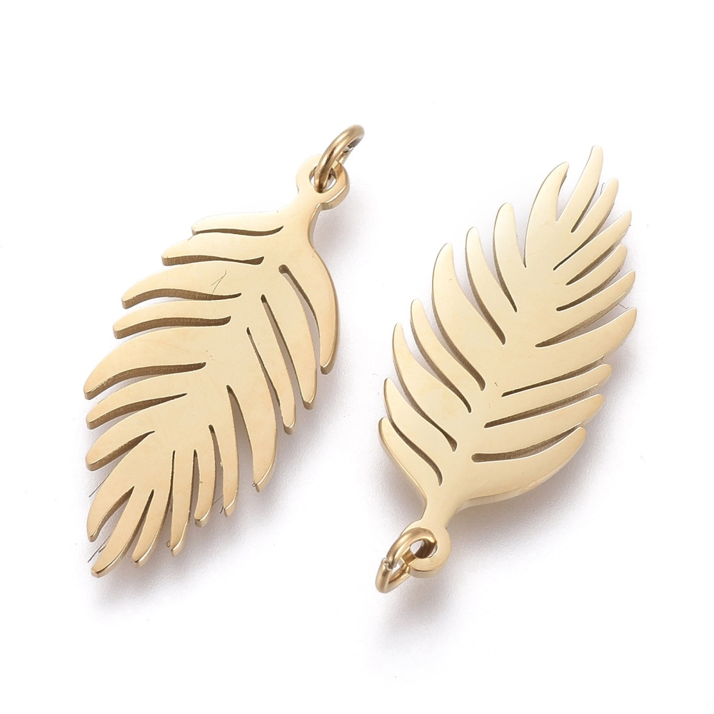 [STAS-H100-49G] Pendentif INOX doré, placage ionique, feuille/plume, 19x8,5x0,8mm, anneau 3mm, l'unité