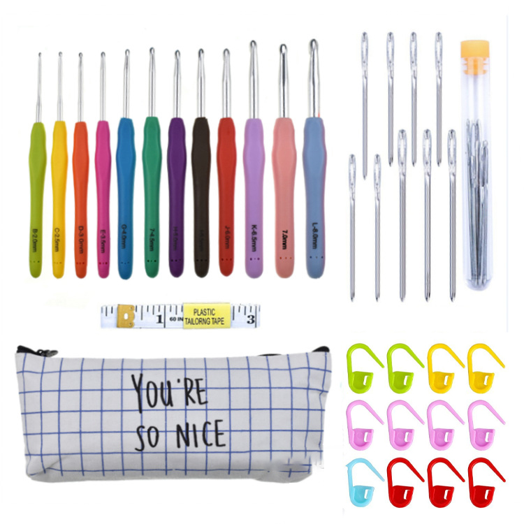 [SENE-PW0003-101B] Kit complet pour le crochet : 14 crochets en aluminium, marqueurs de maille, mètre ruban, aiguilles, sac de rangement bleu et blanc