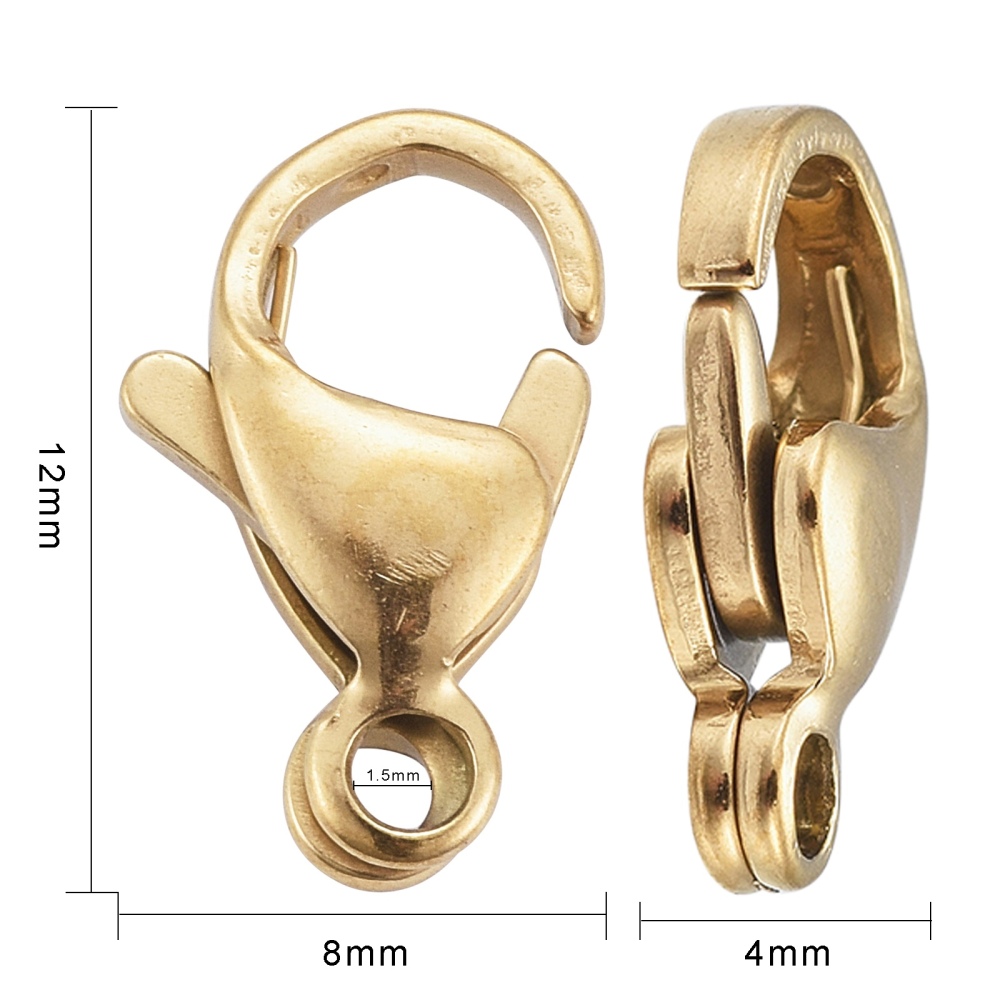 Fermoir homard INOX doré, placage ionique, 15x9,5x4mm, trou 1,6mm, l'unité