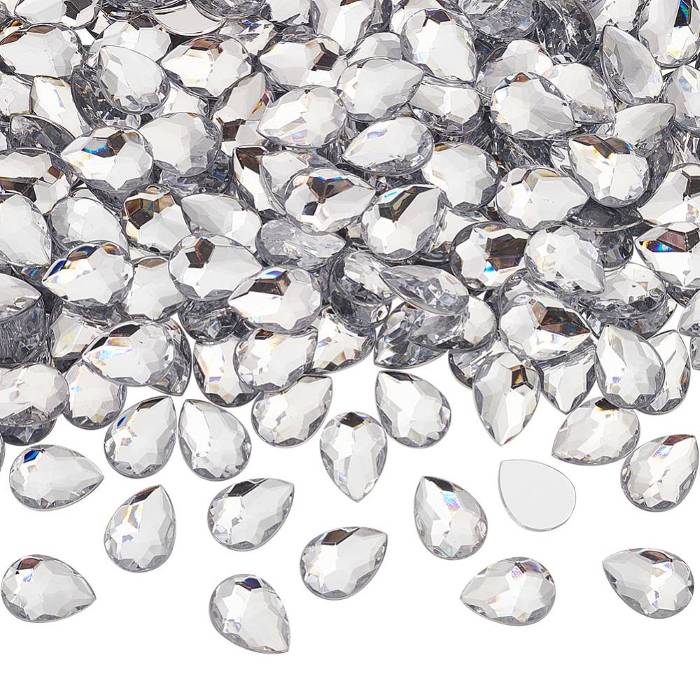 [GACR-FG0001-13] Strass en acrylique à dos plat, en forme de goutte, facettés, argentés transparents, 18x13x4mm, 250/boîte