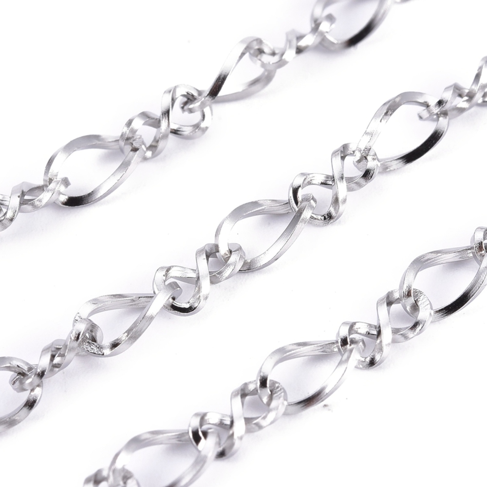 [CHS-I001-09P-01] Chaîne en INOX argenté, figure 8, non soudée, 6x3,5x1mm, au mètre