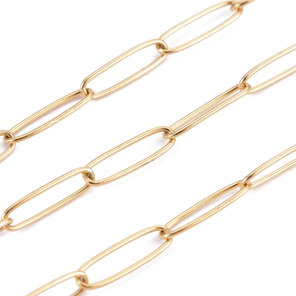 [CHS-F010-01C-G-01] Chaîne en INOX doré, placage ionique, maille trombone, 10x2,5x0,5mm, au mètre