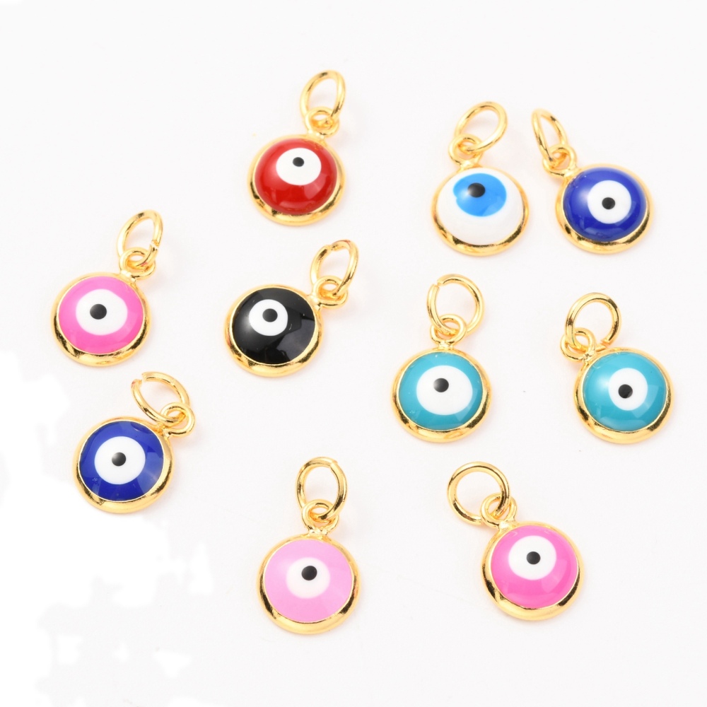 Pendentif mauvais oeil, plaqué or 18K, rond et plat, couleurs variées, 11x8x3mm, anneau 5x0,8mm, l'unité