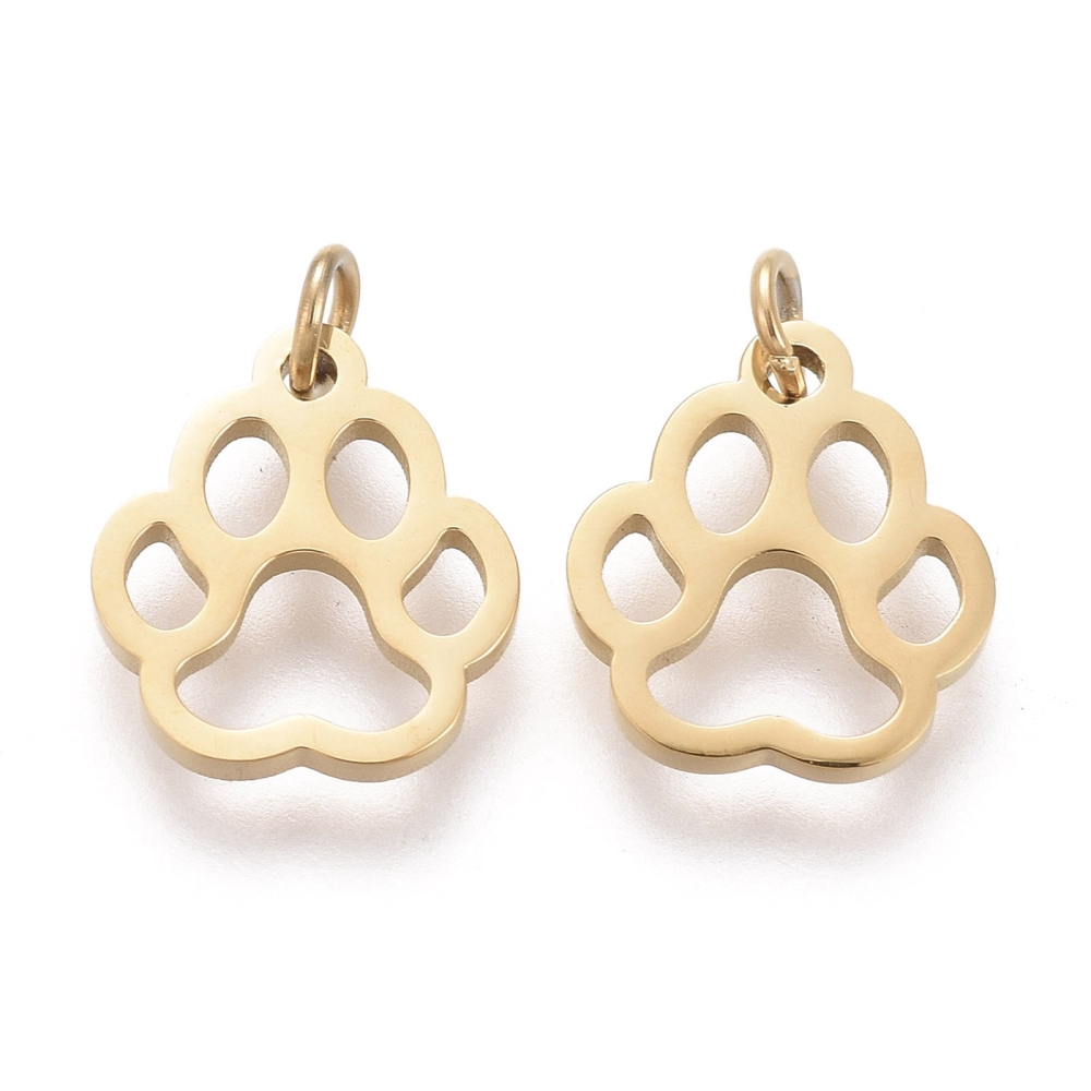 Pendentif INOX doré, placage ionique, empreinte de chien/chat, 9x8mm, anneau 3x0,5mm, l'unité