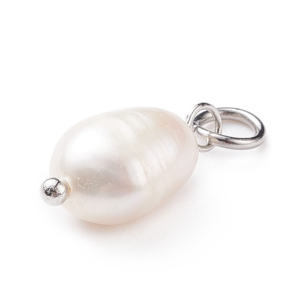 Pendentif Perle d'eau douce, avec INOX argenté, grade B, 14x6mm, trou 3,6mm, l'unité