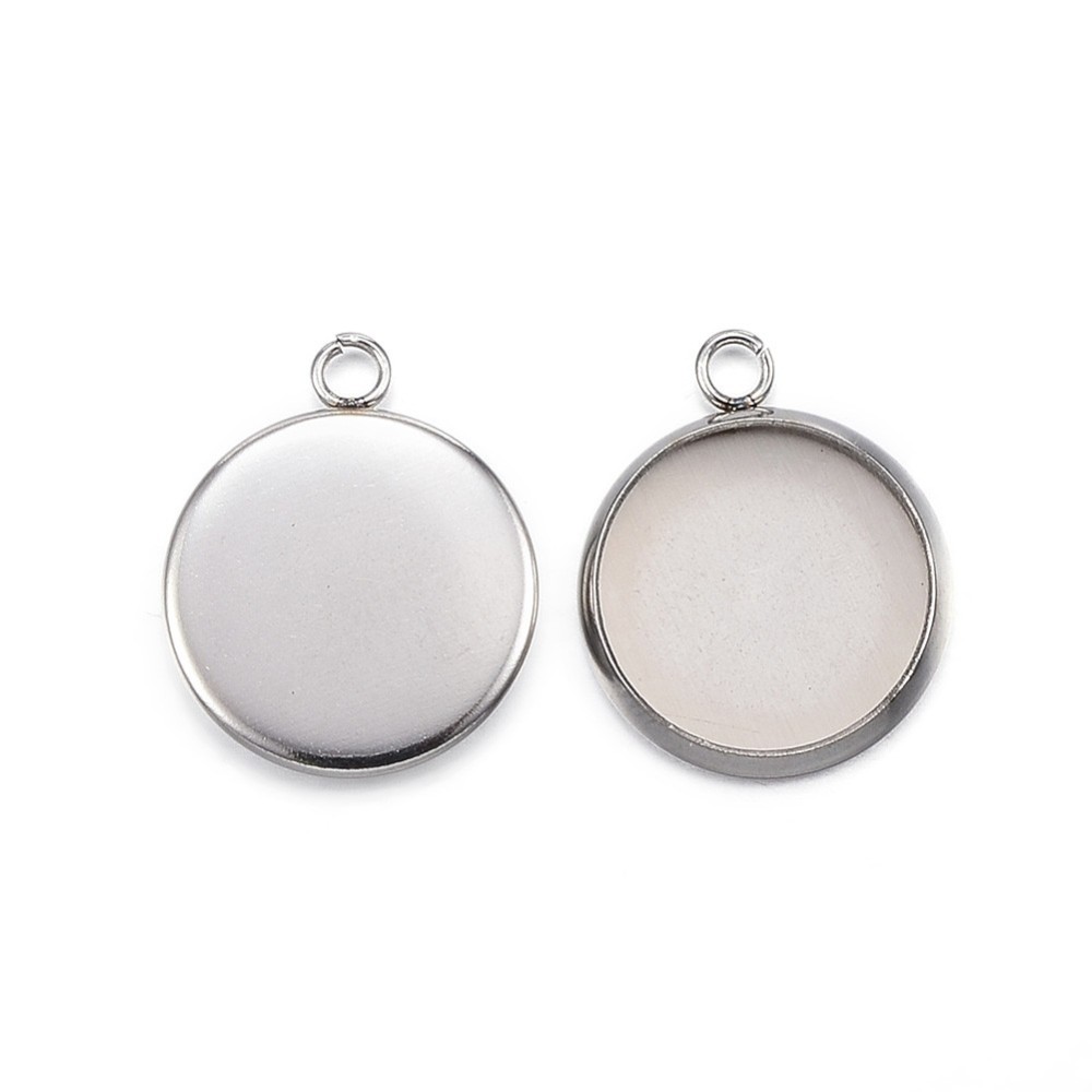 Pendentif INOX argenté, rond, support cabochon, plateau 12mm, 16,5x13,5x2mm, trou 1,8mm, l'unité