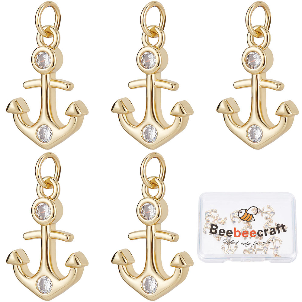 Pendentif en laiton doré, plaqué or 18k, ancre marine avec 2 zircons, 16,5x11,5x2,5mm, trou 3,5mm, l'unité