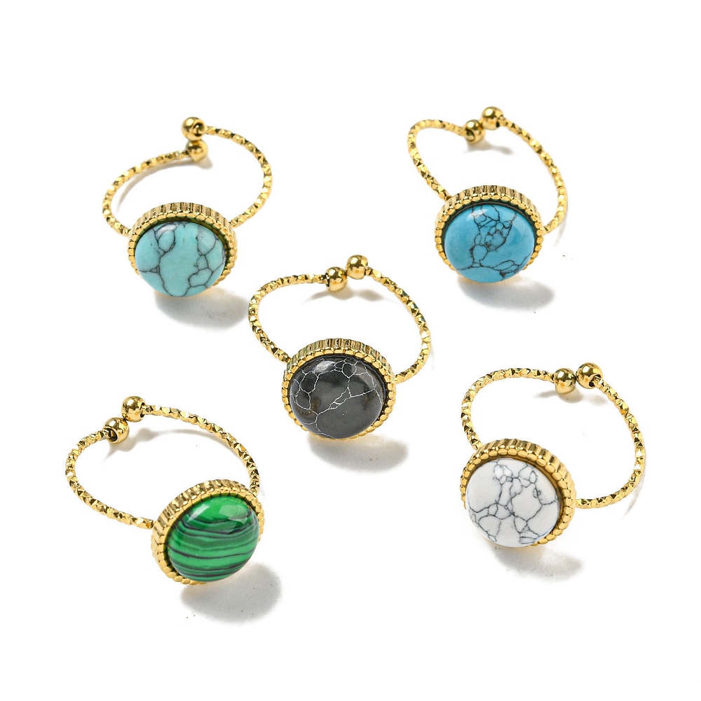 Bague ronde en INOX doré, placage ionique, plaqué or 18k, en malachite synthétique, turquoise et howlite tintée, 19mm, réglable